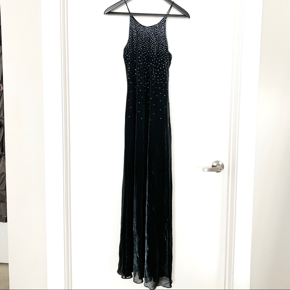 Deep Teal Navy Blue Sparkly Velvety Halter Evening Formal Prom Gown